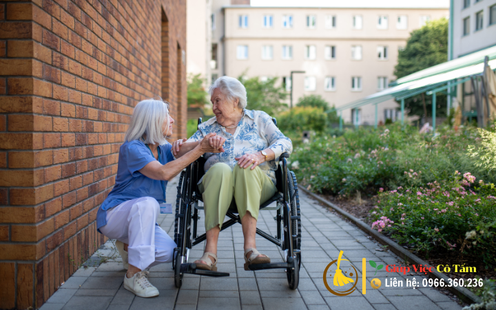 Nâng niu người già yếu khó đi lại, chăm sóc từng bước đi.